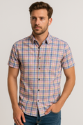 Πουκάμισο κοντομάνικο στενή γραμμή SLIM FIT καρω μπλε