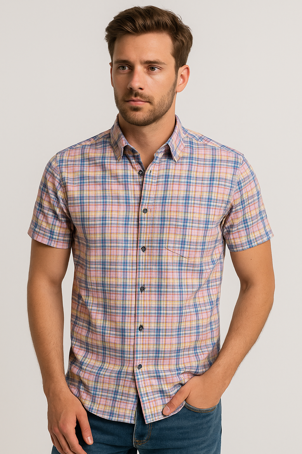 Πουκάμισο κοντομάνικο στενή γραμμή SLIM FIT καρω μπλε
