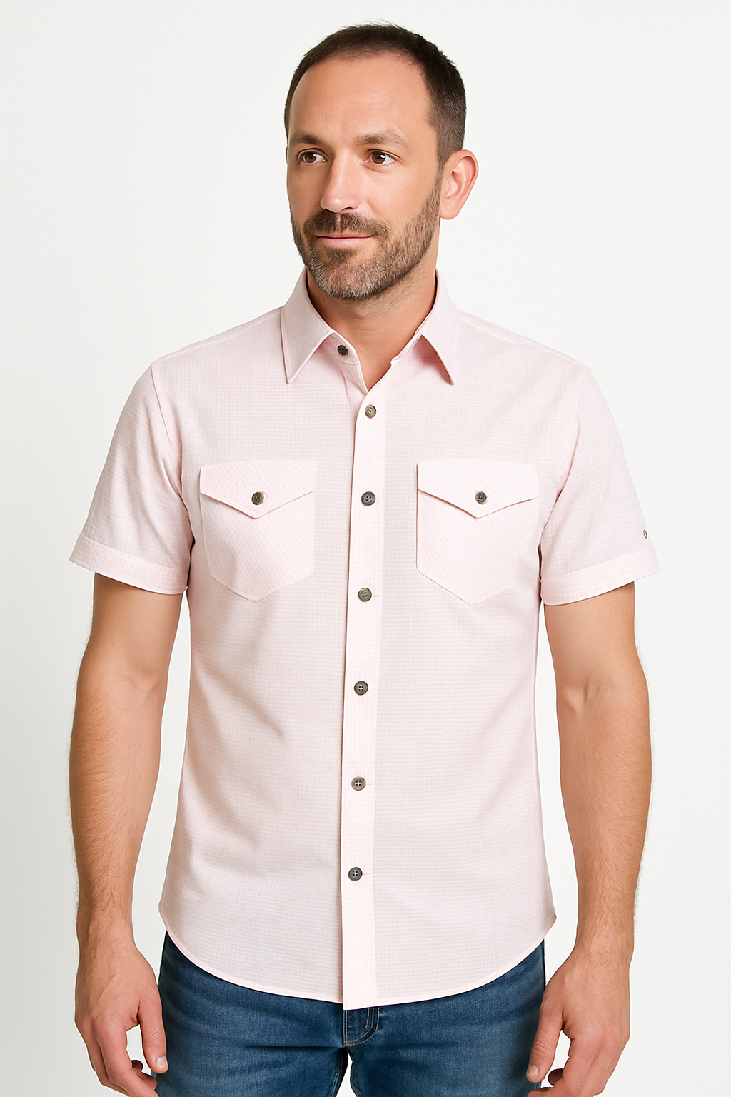 Πουκάμισο ροζ κοντομάνικο στενή γραμμή SLIM FIT
