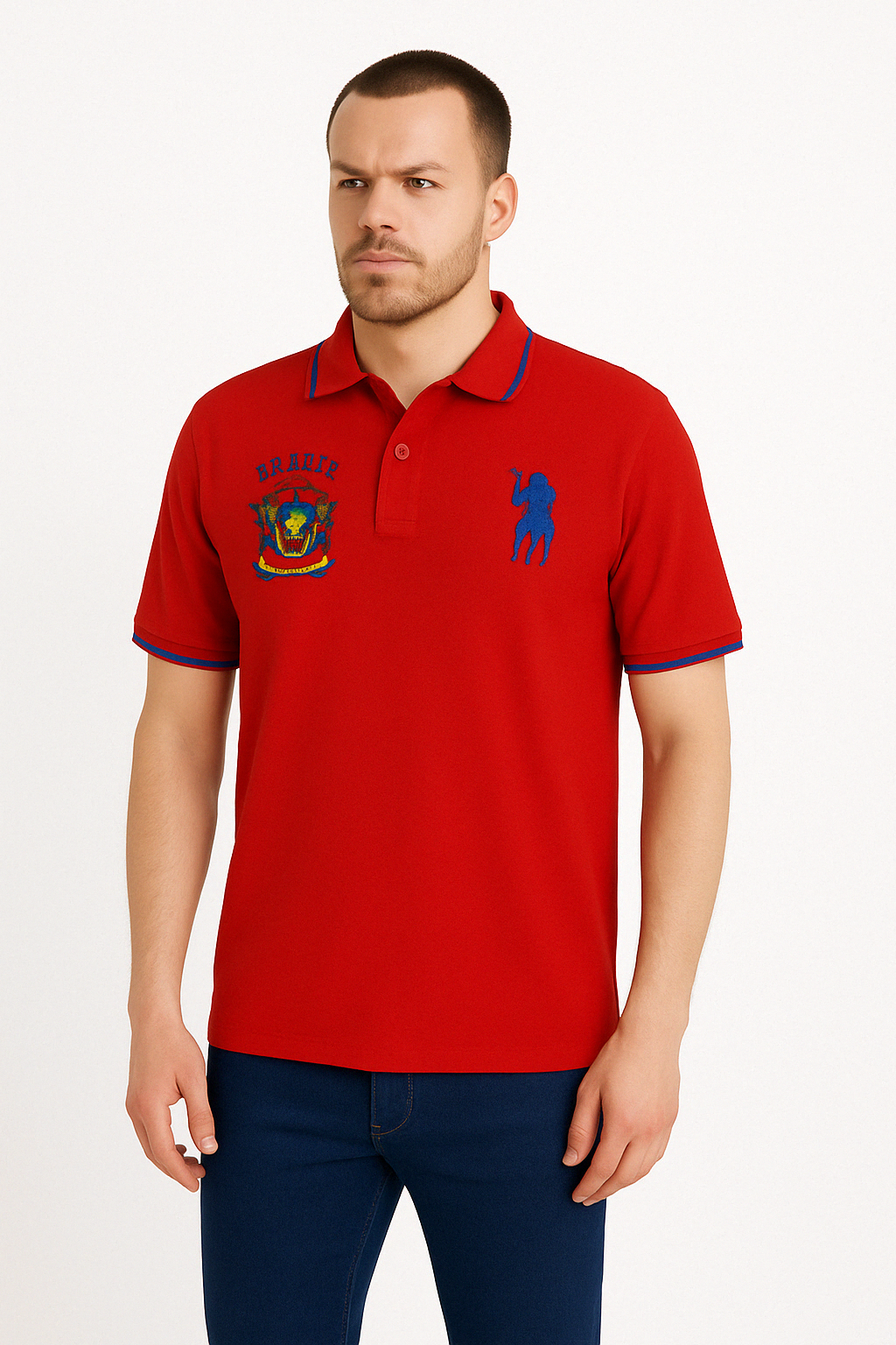 Μπλουζάκι POLO Luciano Faketti Piquet Κοντό μανίκι βαμβάκι 100% ΣΧΕΔΙΑΣΤΙΚΟ με δυο κεντήματα Aπο ανεξίτηλες κλωστές ΕΛΛΗΝΙΚΗΣ ΡΑΦΗΣ  σε χρώμα κόκκινο