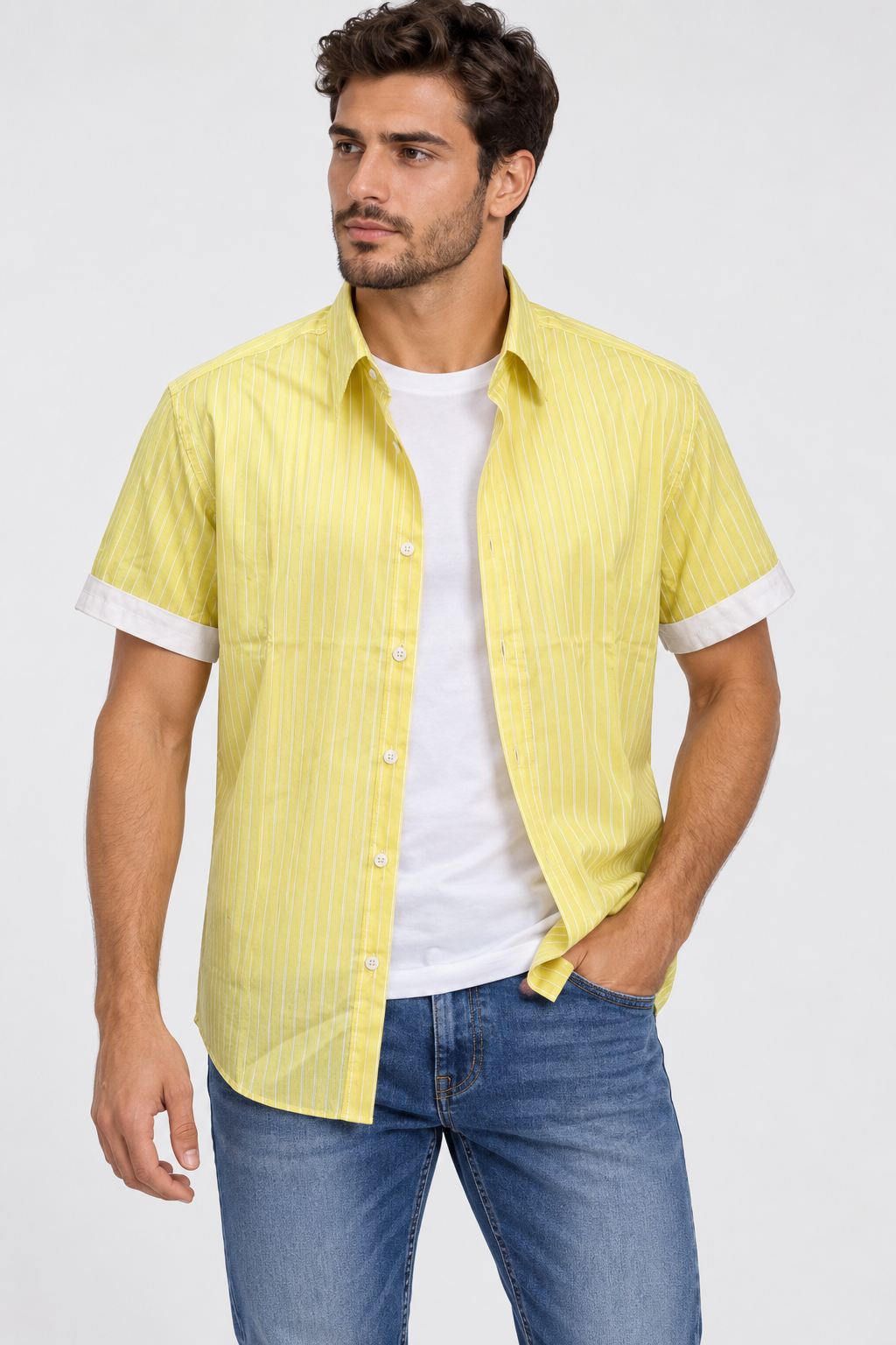 Πουκάμισο κοντομάνικο ριγέ κιτρινο compose SLIM FIT