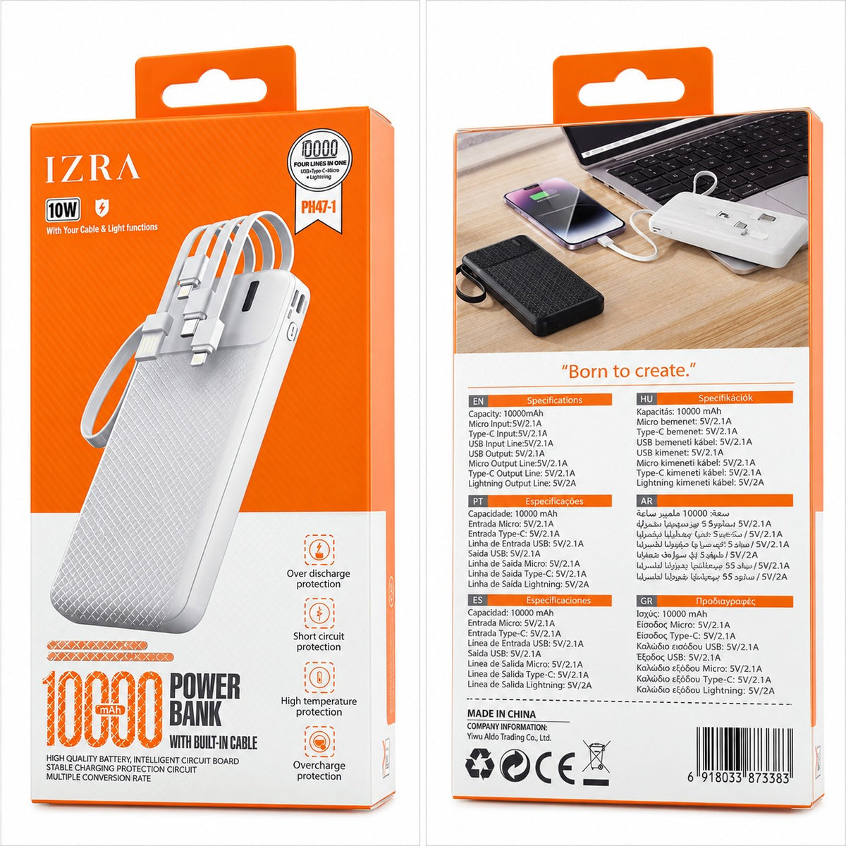 POWER BANK 10 W EZRA WITH BUILT-IN  CABLE